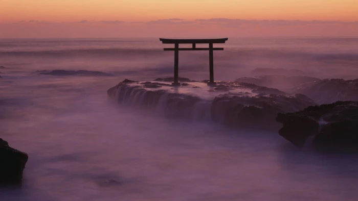 red wooden gate nature landscape torii Japan Asia rock 2k