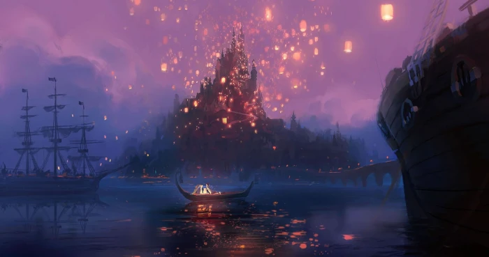 body of water Disney Tangled sky lanterns ship boat artwork 2k