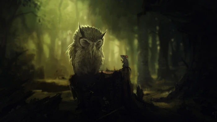 gray owl beside mouse at nighttime nature artwork 2k