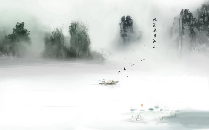man on boat fishing lake near mountains painting chinese classical 2k
