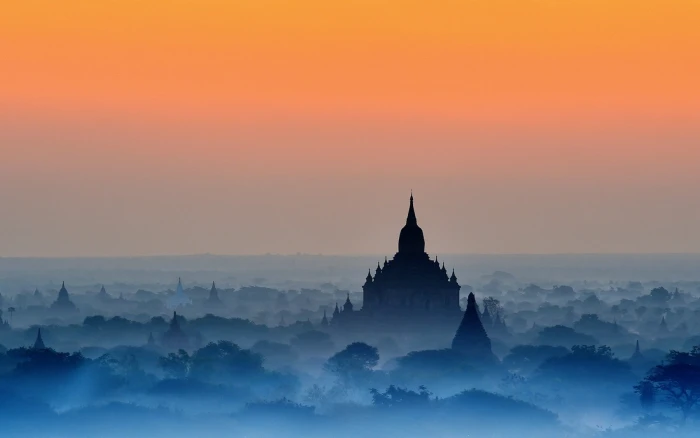 nature landscape Bagan temple mist blue trees amber 2k