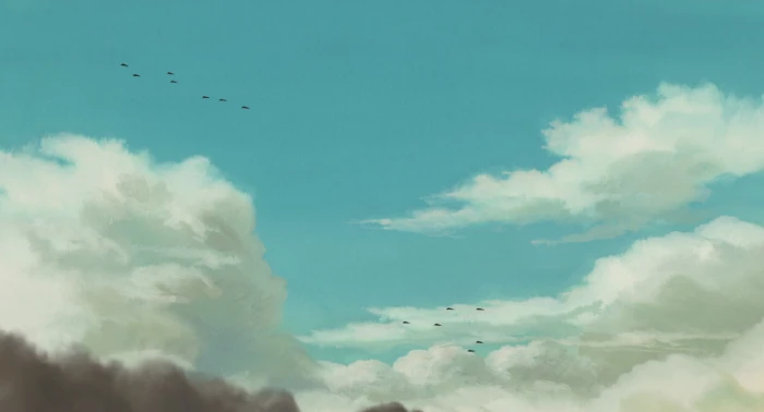 white clouds with flying small birds artwork Studio Ghibli Hayao Miyazaki 2k