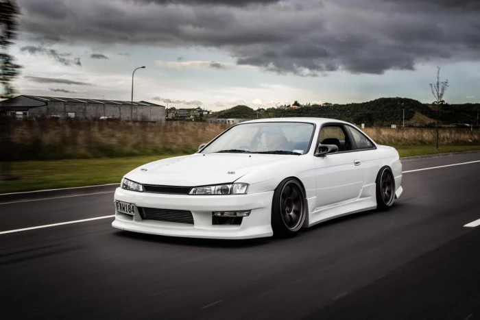 white coupe car Nissan SX road Stance tuning lowered
