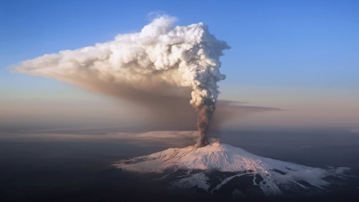white smoke erupted volcano sky snow forest snowy peak nature 2k