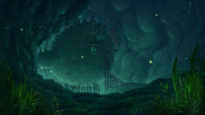 brown ball house in cave illustration environment Made Abyss 2k