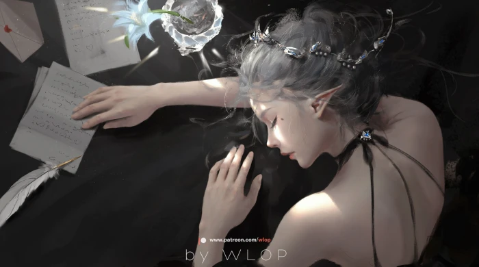 female elf illustration anime girls WLOP letter Ghost Blade 2k