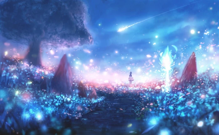 anime landscape particles scenic polychromatic lights