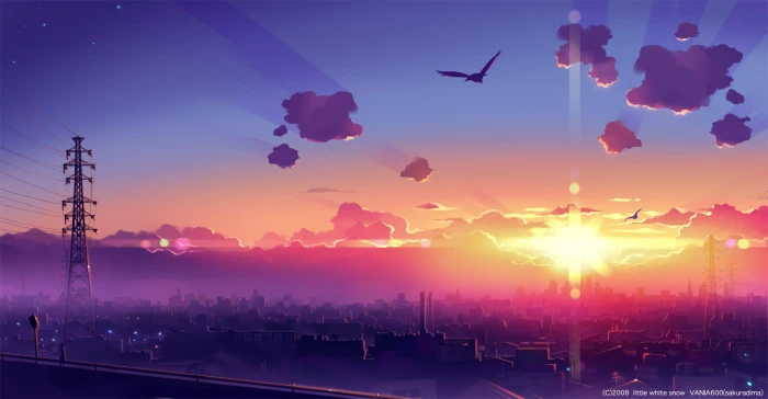 gray electric post and high rise buildings wallpaper two birds soaring towards sunset 2k