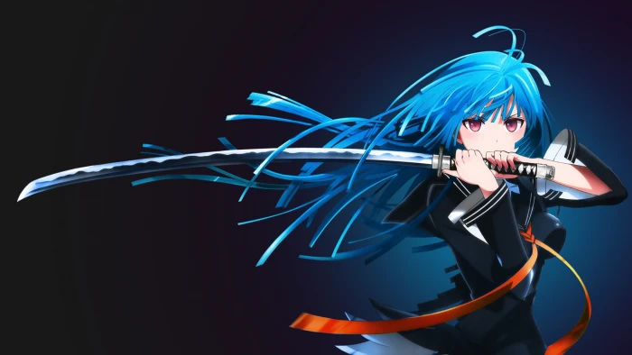 blue haired female anime character katana Kisara Tendo Black Bullet 2k
