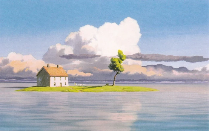 brown and white house island illustration flood anime Studio Ghibli