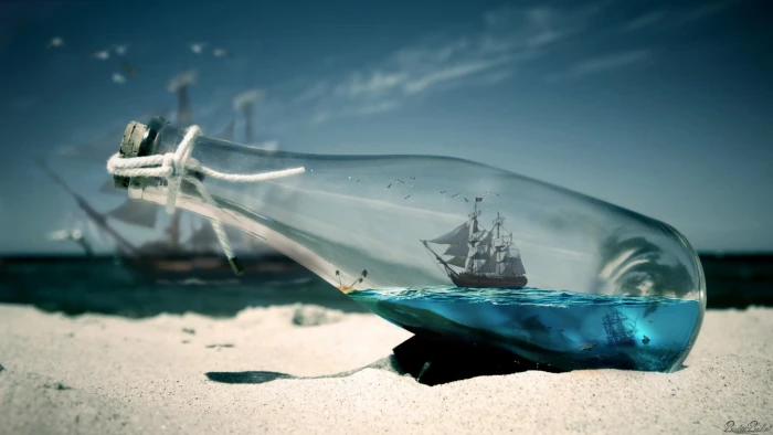 clear impossible bottle close up photo of glass on sand 2k