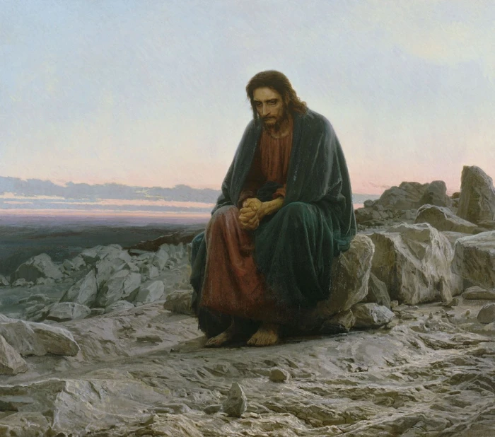 Jesus Christ religion painting artwork sitting men rock