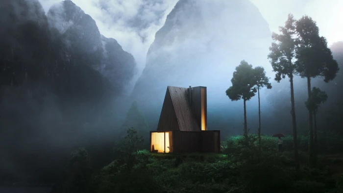 modern brown house nature trees mountains mist fog plant 2k