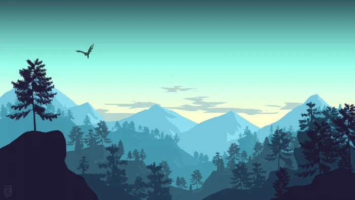 minimalistic landscape mountains forest bird sky artwork 2k