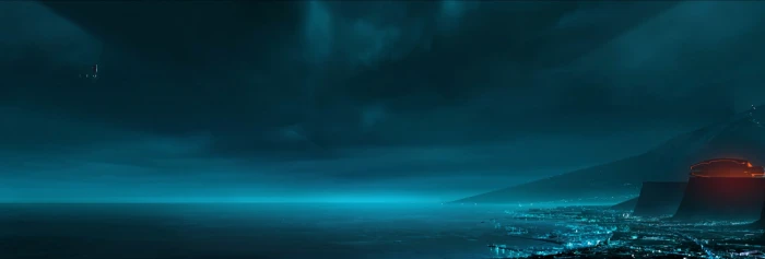 ocean and mountain Tron movies Legacy night illuminated 2k