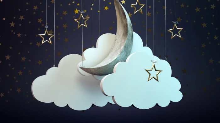 silver crescent and white clouds hanging decor digital art nature 2k