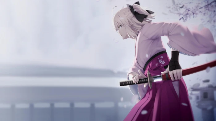 white haired animated woman with katana illustration anime girls 2k