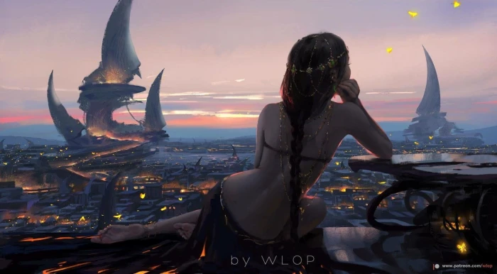 woman in terrace wallpaper digital art sunset women WLOP 2k