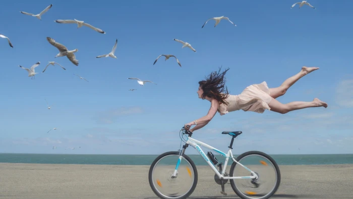 women's white sleeveless dress bicycle beach birds photo manipulation 2k