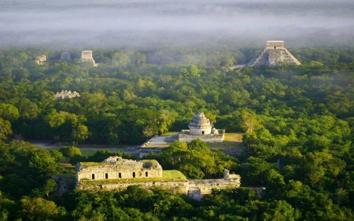 aerial view of Chichen Itza landscape nature temple ruins 2k