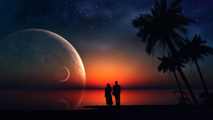 amor love luna mar playa silueta sky water star space 2k