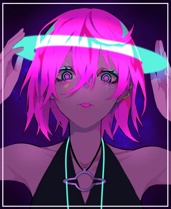 anime girls pink hair shoulder length women looking at viewer