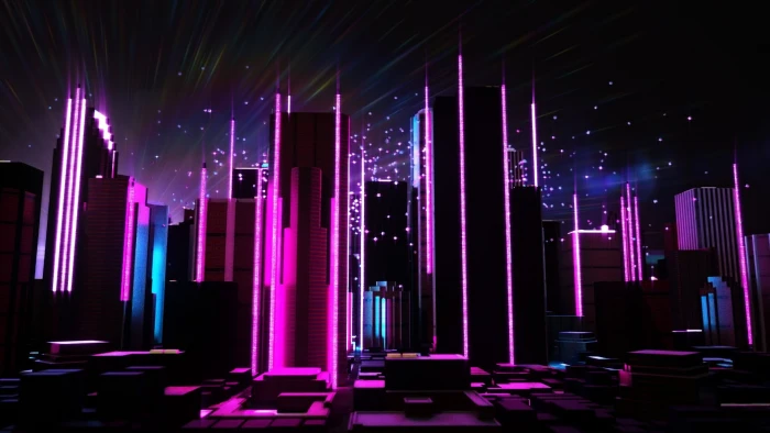 black and purple city buildings Retrowave background 2k