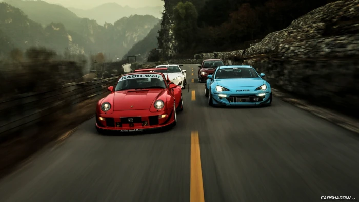 blue and red cars Rocket Bunny Stance Porsche Subaru BRZ 2k