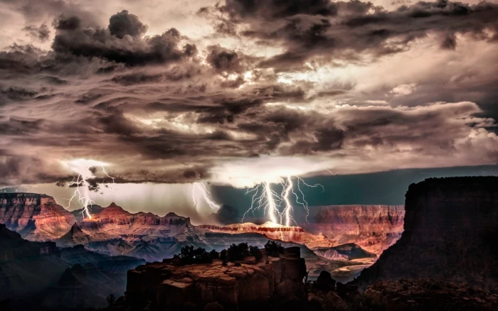 brown cliff Grand Canyon lightning storm clouds night erosion 2k