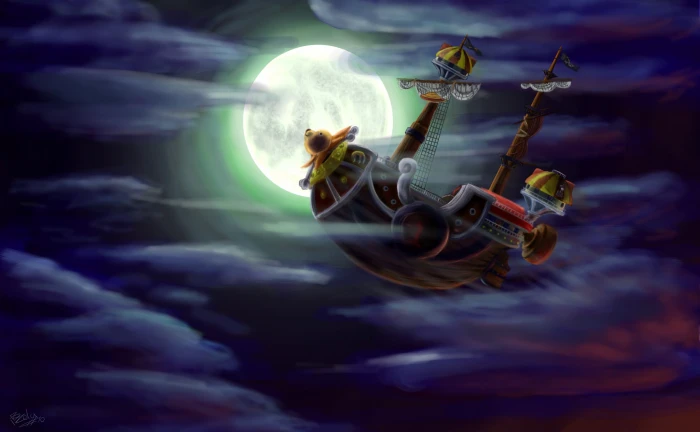 brown pirate ship in the air during full moon Thousand Sunny 2k