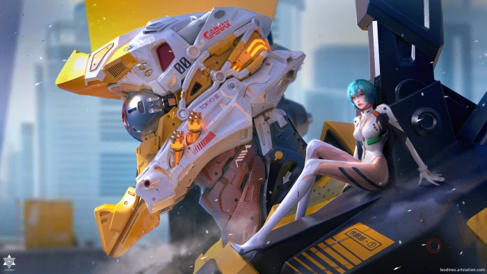 animated of woman with robot anime girls EVA Unit 00 mech 2k