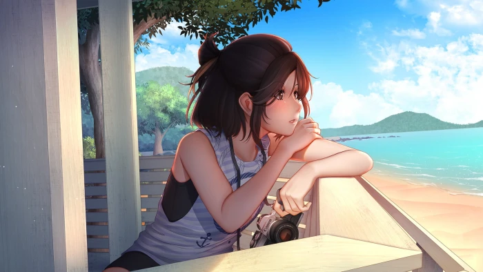 anime girl summer cannon looking away semi realistic beach 2k