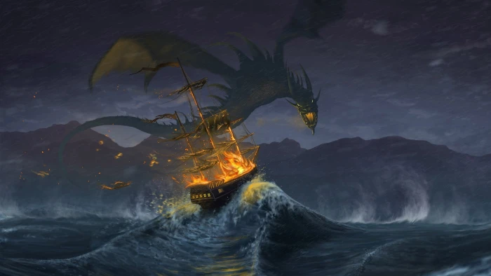 dragon and galleon ship illustration artwork fantasy art sailing 2k