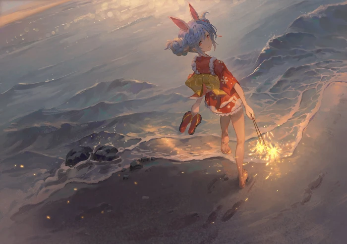 anime girls Usada Pekora Hololive beach barefoot 2k