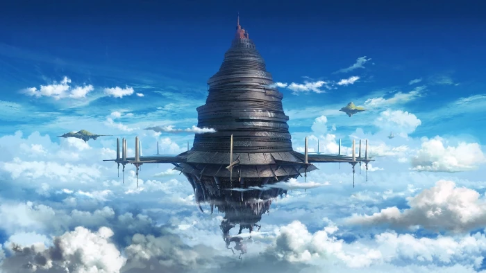 floating castle graphic Sword Art Online anime landscape cloud sky 2k