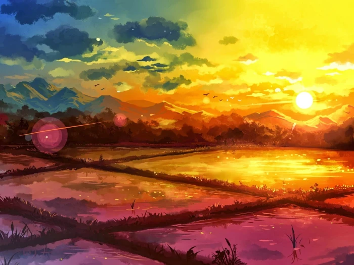 fantasy art drawing rice paddy sunrise nature landscape 2k