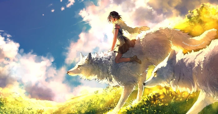 girl riding white wolf wallpaper Studio Ghibli Princess Mononoke 2k