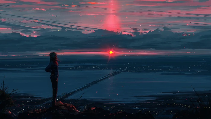 Anime Original Girl Landscape Scenery Sky Sunset 2k