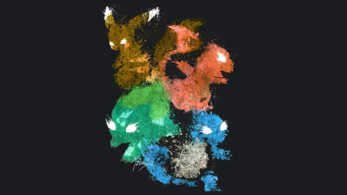 Pokemon characters illustration Pikachu starters black background 2k