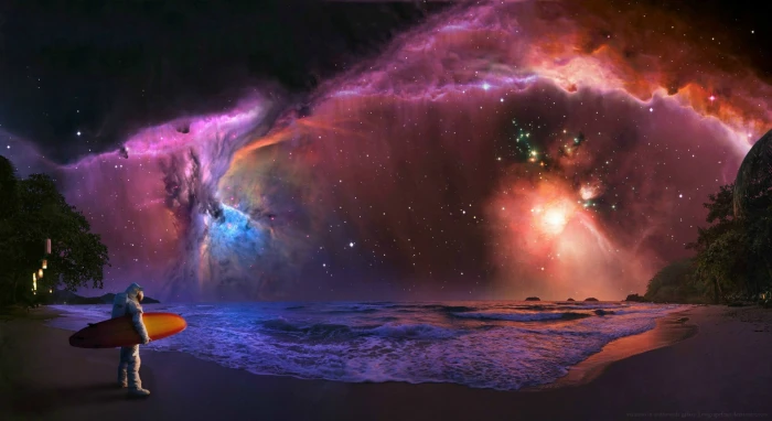 space galaxy digital art surfboards astronaut colorful 2k
