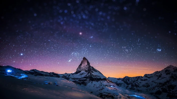 starry night sky stars matterhorn alps mountain swiss 2k