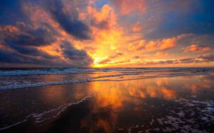 Beach sea water fire red clouds sky beautiful sunset views 2k
