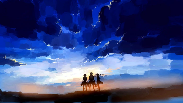 silhouette of three female anime characters standing on open field wallpaper 2k