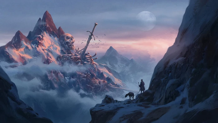 skull and sword illustration mountains giant skeleton bones 2k