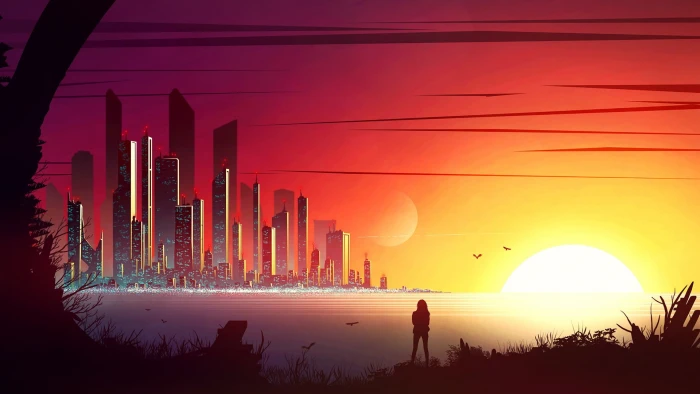 sunset scenery illustration and building photgraphy Kvacm 2k