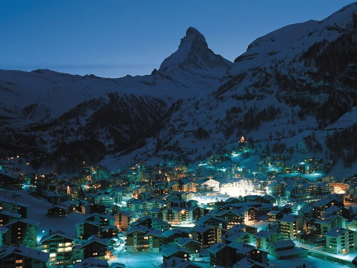 Switzerland Nature Landscape Trees Forest Mountains Village Lights Night Snow Photography