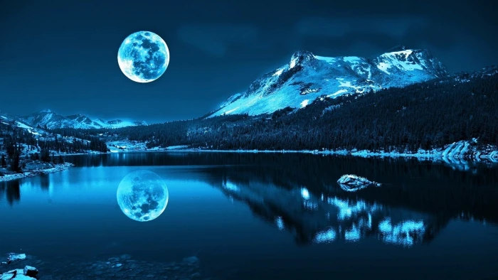 blue mountains landscapes nature night moon lakes rivers reflections Nature Mountains HD Art 2k