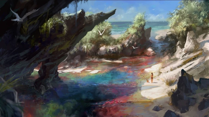 body of water between rock formations and plants painting artwork 2k