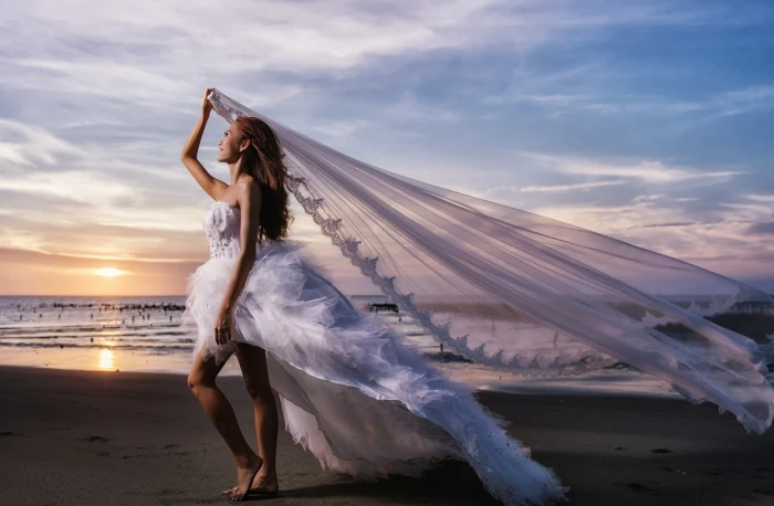brides sea beach women outdoors model Asian sky one person 2k