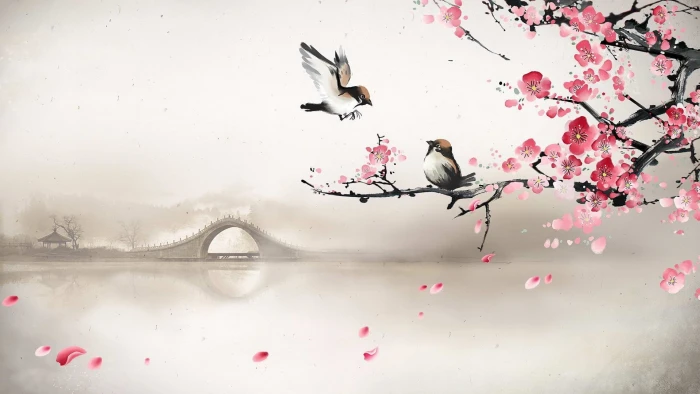 two bird and cherry blossom tree clip art bridge fog river 2k
